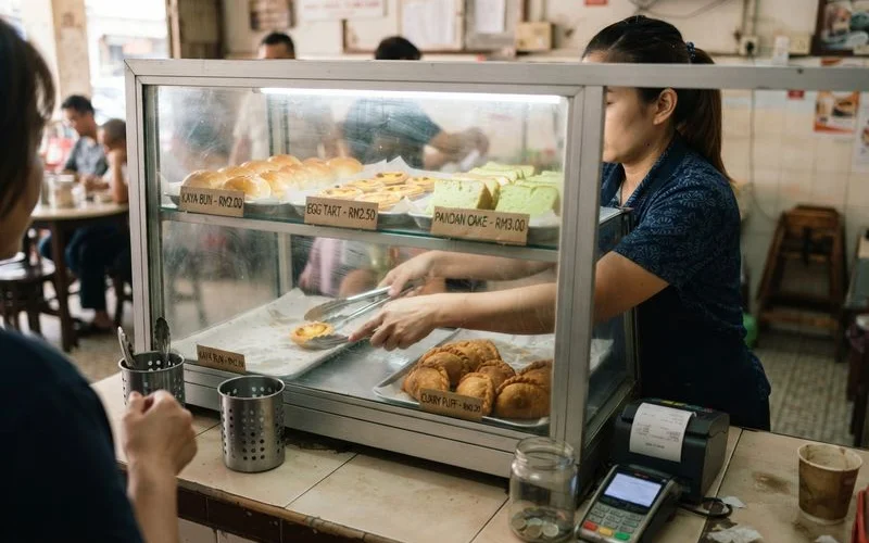 A bakery display case in Ipoh filled with fresh pastries, croissants, and buns, a staff member restocking a tray