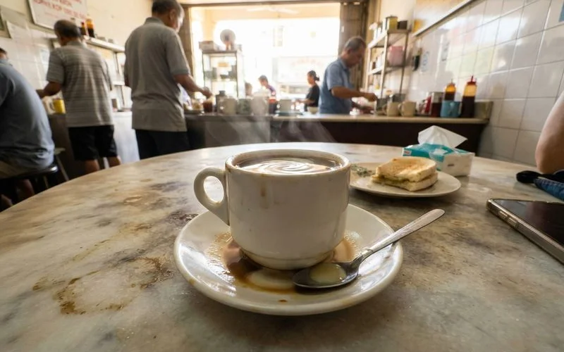 A cup of pale, creamy white coffee next to a plate of kaya toast on a marble table in an Old Town Ipoh kopitiam