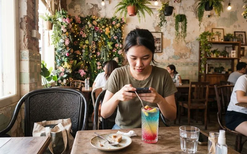 A brightly decorated, aesthetic cafe interior in Ipoh with plants, pastel walls, and a well-lit seating area popular for photos