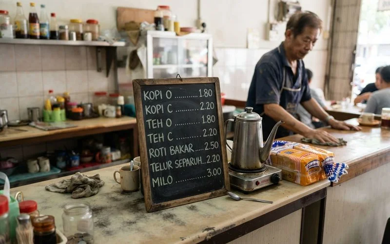 A hand holding a cup of local white coffee next to a plate of toast on a marble table in a traditional Ipoh kopitiam