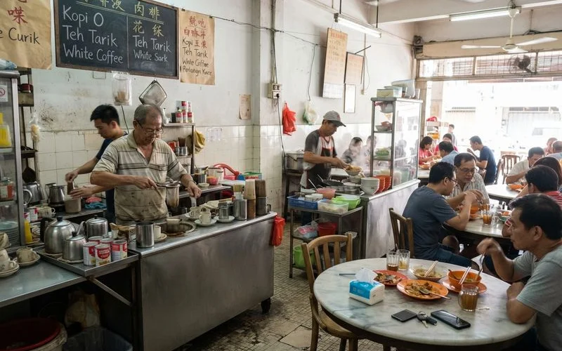 A busy kopitiam interior in Ipoh with several food stalls and a marble-topped coffee counter, customers seated at shared tables