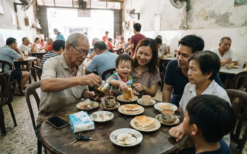 A family with young children and an older relative seated together at a spacious cafe table in Ipoh