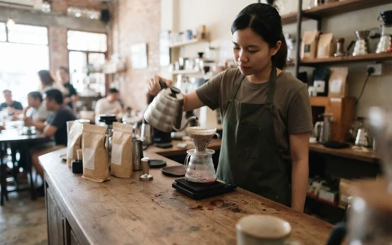 A barista pouring latte art into a white cup at a specialty coffee counter in Ipoh, coffee bags and a grinder visible behind