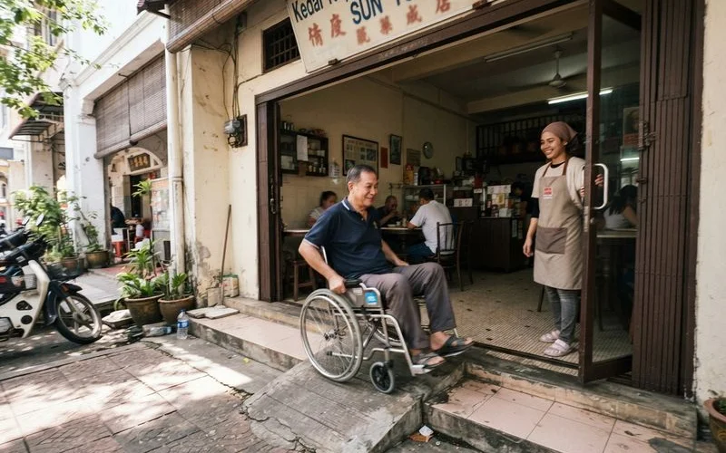 A cafe entrance in Ipoh with a level, step-free threshold and a wide doorway suitable for a wheelchair or pram